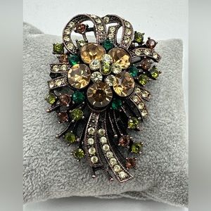 Joan Rivers Rhinestone Ribbon Brooch Copper Tone Metal Bow Pin#486